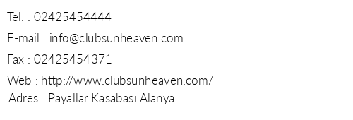 Hotel Club Sun Heaven telefon numaralar, faks, e-mail, posta adresi ve iletiim bilgileri